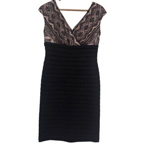 Signature Lana Black Lace Nude Bodycon Tiered Shutter Pleat Sheath Dress Size 6